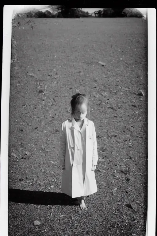 Image similar to photo polaroid of a sad and lonely child in a white coat and barefoot stands in the middle many big tents of field hospitals, pandemic, covid, loneliness, black and white ,photorealistic, 35mm film,