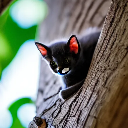 Image similar to a bat kitten, in a tree, Canon EOS R3, telephoto, very detailed, 4k