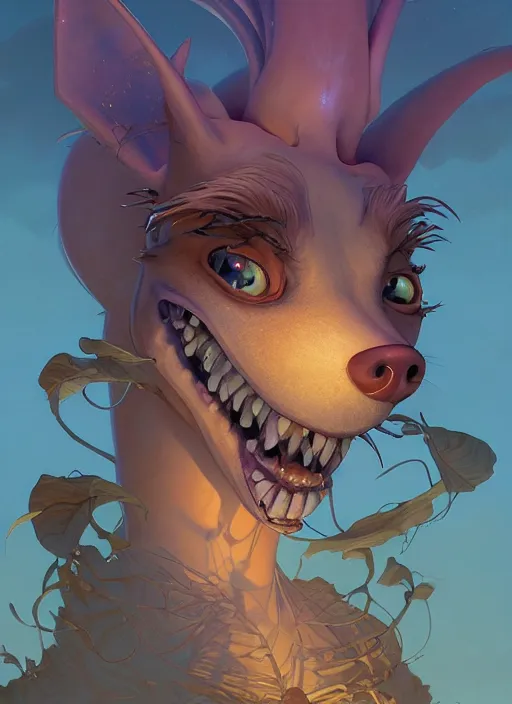 Image similar to Highly detailed portrait of Courage the cowardly dog, Stephen Bliss, unreal engine, fantasy art by Greg Rutkowski, Loish, Rhads, ferdinand knab, Makoto Shinkai and Lois van baarle, ilya kuvshinov, rossdraws, Tom Bagshaw, alphonse mucha, global illumination, radiant light, detailed and intricate environment