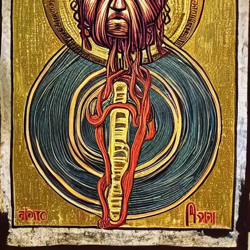 Image similar to flying spaghetti monster portrait, portrait of flying spaghetti monster, style of ancient byzantine icon, style of roman catholic, style of patron saint, orthodox, noodly appendage