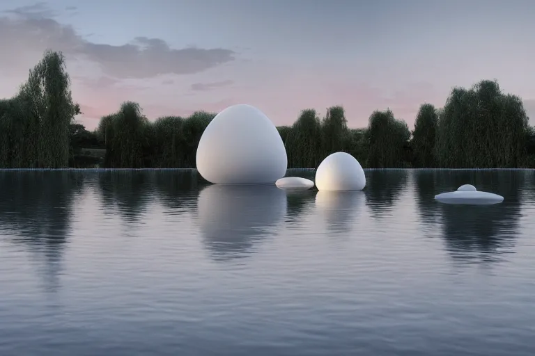 Image similar to pierre cardin's architecture is formed by the intersection of many white egg shaped spherical spaces. on the calm lake surface, people's perspective, future, interior wood, marble, award winning, highly detailed 4 k art, dusk, unreal engine highly rendered, global illumination, radial light, internal environment