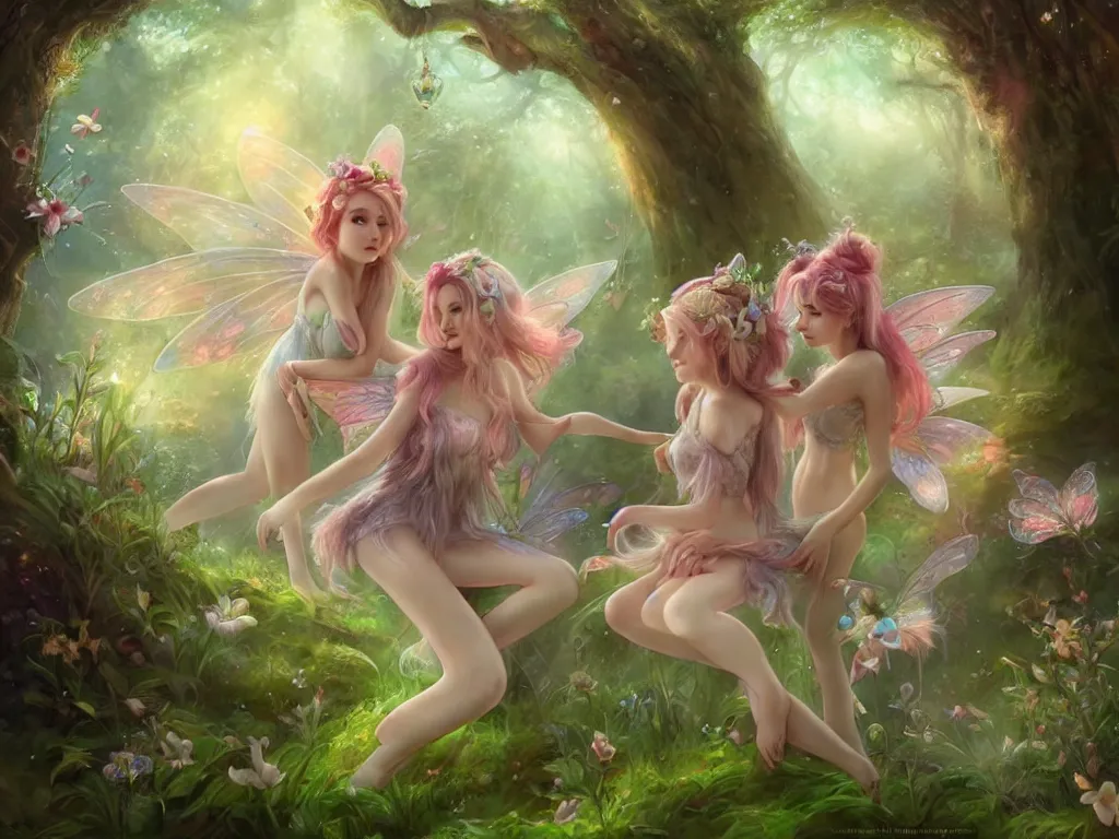 Image similar to two cute fairy in the dreamy forest, fantasy, dreamlike, 8 k resolution, hyper detailed, d & d, character design, digital painting, trending on artstation, sharp focus, illustration, art by artgerm, viktoria gavrilenko, hoang lap, fuji choko, steve zheng