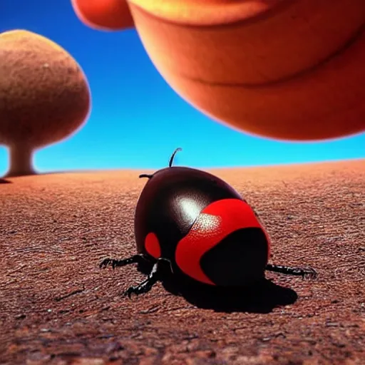 Image similar to promotional still wide angle, a mountain - sized ladybug roams a barren wasteland, dramatic lighting, ( e. t. the extra - terrestrial ), batteries not included, harry potter, octane 3 d render, imax, 7 0 mm.