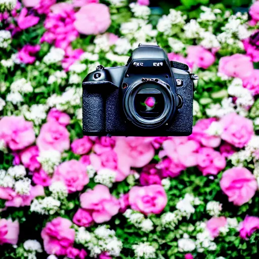 Prompt: photo of a dslr camera surrounded by flowers