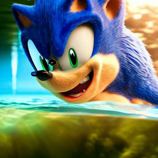 Prompt: stunning awe inspiring photorealistic sonic the hedgehog underwater gasping for air, movie still 8 k hdr atmospheric lighting