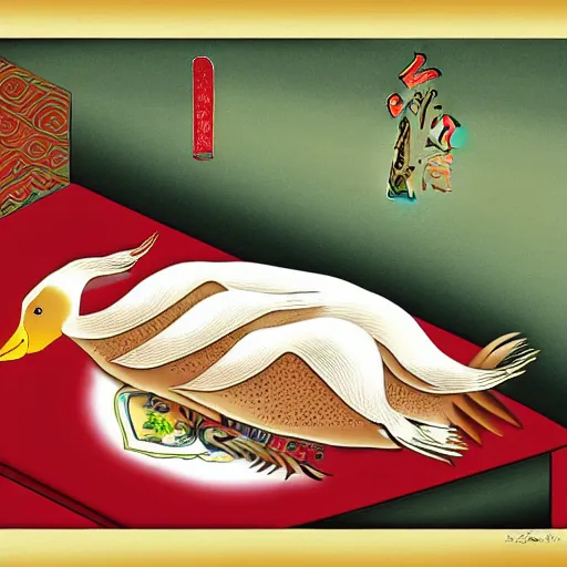 Image similar to peking duck, digital art, style of traditional chinese painting