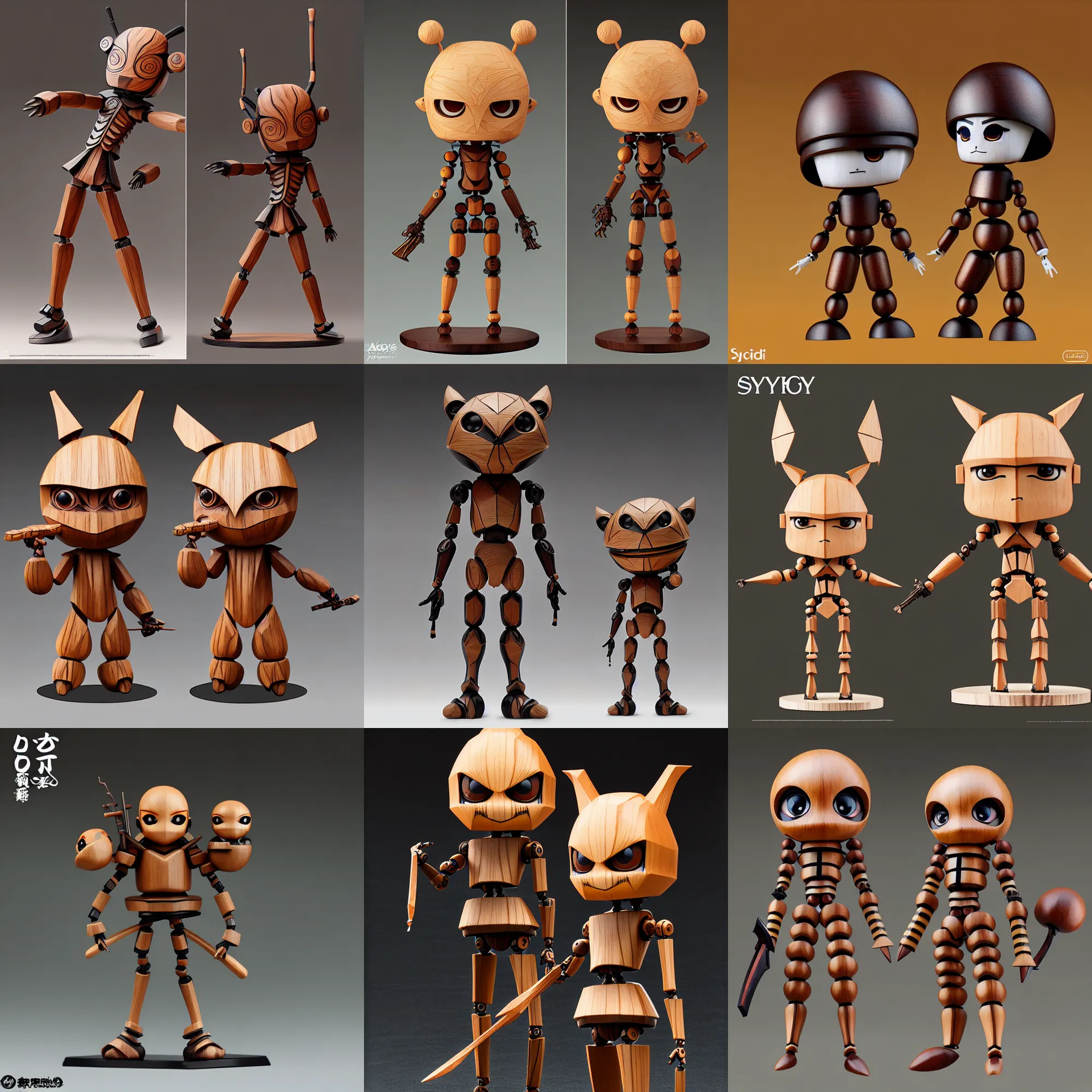 Prompt: highly detailed, symetrical, geometrical, cgsociety, artstation, concept art official art, octane illustration artoys cute figurine wooden robots samourai in wood sculpture