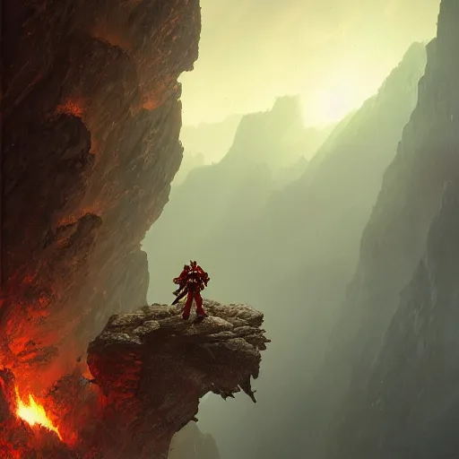 Prompt: alone 4 0 k space marine standing on a tall cliff looking down at hellish landscape, closeup, view from behind, hell background, cataclysmic, epic shot, cinematic lighting, 8 k, octane render, ultra detailed, art by artgerm and greg rutkowski and alphonse mucha, artstation