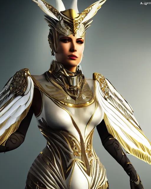 Image similar to sultry egyptian queen wearing white dove wings, warframe armor, regal, attractive, ornate, sultry, elize theron, pretty face, green eyes, scifi platform, 4 k, ultra realistic, epic lighting, illuminated, cinematic, black gold, art by akihito tsukushi, voidstar