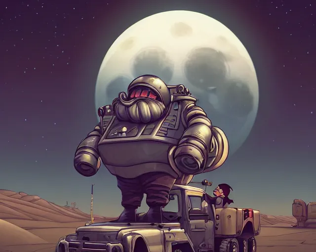 Image similar to a cell shaded cartoon grey mechanized santa, with a big head, on a desert road, wide shot, in front of a big moon, muted colors, post grunge, josan gonzales, wlop, by james jean, victor ngai, hq, deviantart, art by artgem