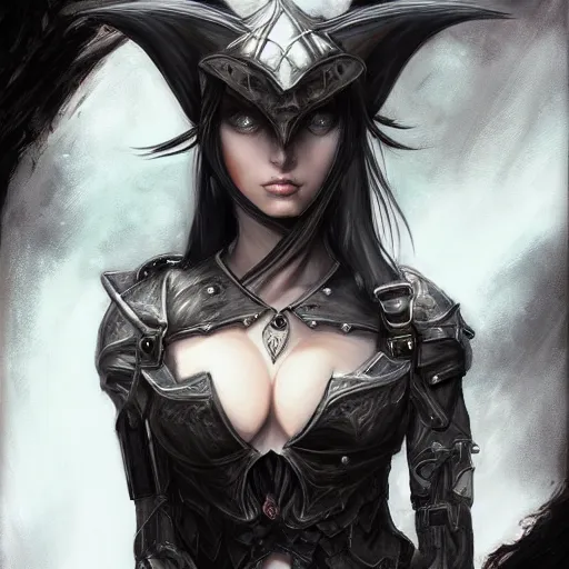 Prompt: portrait of a female dark elf by ayami kojima, she is about 2 0 years old, american, black hair, introvert, she is wearing a modern witch tactical gear, scifi, highly detailed portrait, digital painting, artstation, concept art, smooth, sharp foccus ilustration, artstation hq