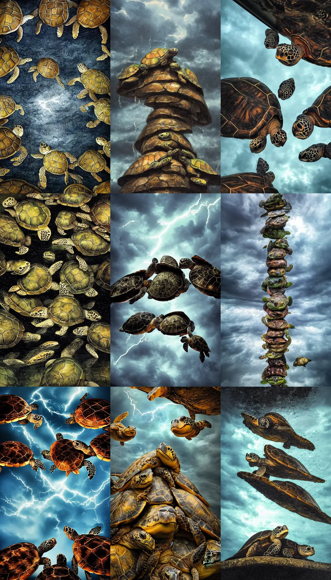 Prompt: turtles stacked on top of each other, water dripping, raining, moody clouds, lightning, oil painting, detailed, wide angle, extreme angle, looking up from below tower, extreme perspective