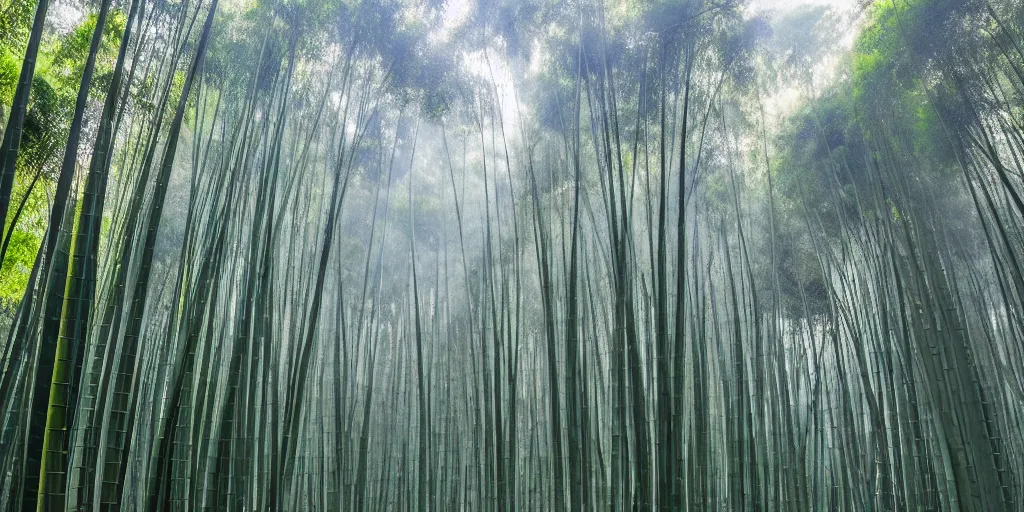 Image similar to Ancient city, Japanese architecture, city is surrounded by tall bamboo, in a bamboo forest, on a mountain, the weather is mist, red leaf trees and bamboo, ultra realistic, detailed, 4k