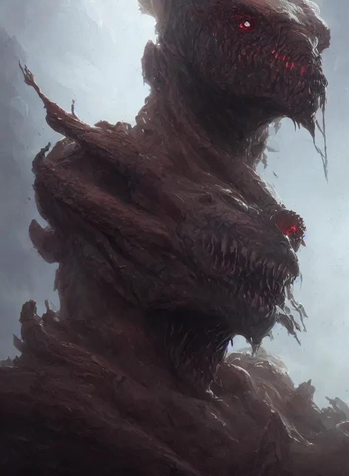 Prompt: a close portrait of a creature invoking fear, art by greg rutkowski, matte painting, trending on artstation, very detailed