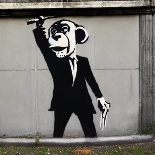 Image similar to Graffiti by Banksy of an ape in a suit drinking champagne