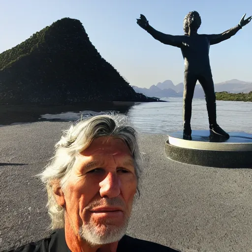 Prompt: roger waters takes selfie with eastern island statue, realistic, hdr, clear image, hdd, dynamic lighting, rtx on,