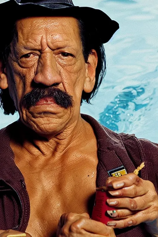 Image similar to danny trejo swimming in a pool of baked beans, realistic, moody grindhouse, dark