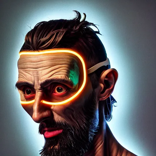 Prompt: Colour Caravaggio style Photography of Highly detailed Man with 1000 years old perfect face with reflecting glowing skin wearing highly detailed sci-fi VR headset designed by Josan Gonzalez. Many details . In style of Josan Gonzalez and Mike Winkelmann and andgreg rutkowski and alphonse muchaand and Caspar David Friedrich and Stephen Hickman and James Gurney and Hiromasa Ogura. Rendered in Blender and Octane Render volumetric natural light