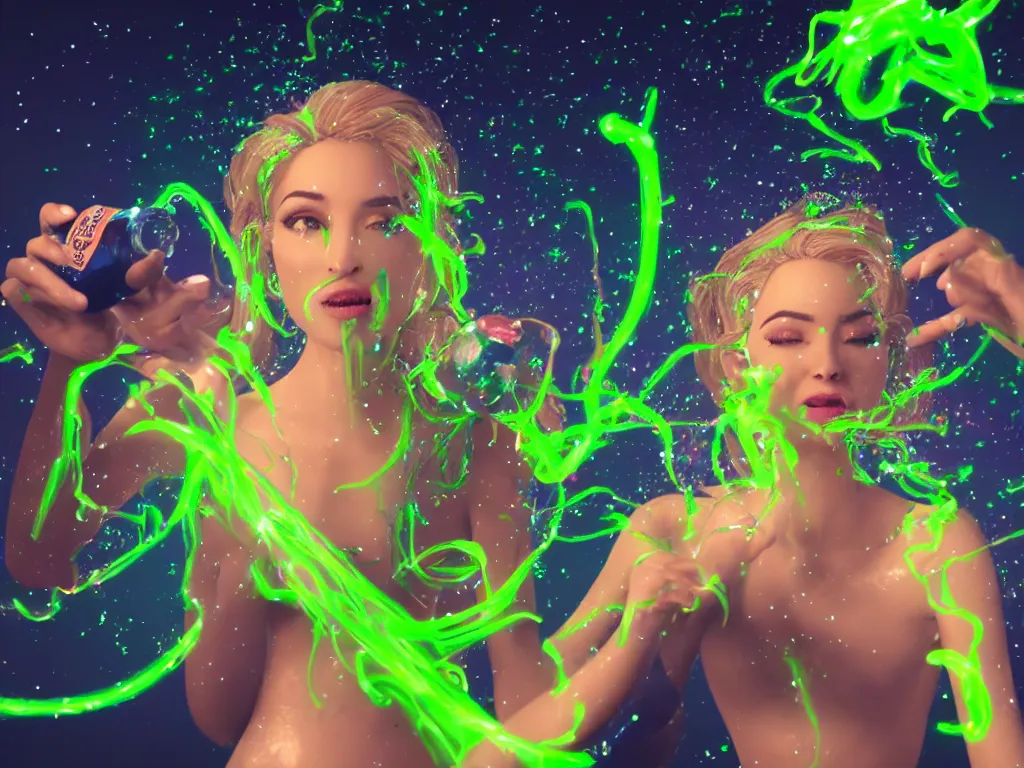 Image similar to a hyperrealistic portrait render of a beauty queen opening a bottle of glowing worms and drinking fluorescent liquid in the cosmos, unreal engine 8k