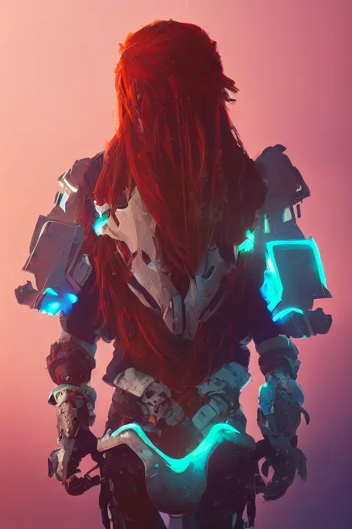 Image similar to combination suit armor aloy horizon forbidden west horizon zero dawn radiating a glowing aura global illumination ray tracing hdr fanart arstation by ian pesty and alena aenami artworks in 4 k tribal robot ninja mask helmet backpack