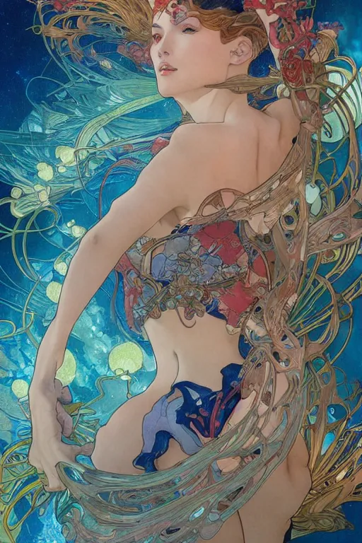 Image similar to swimming through time, by artgerm and yoshitaka amano and moebius and alphonse mucha, hyperdetailed, dc comics, ornate, nebula, explosions in the sky, trending on artstation