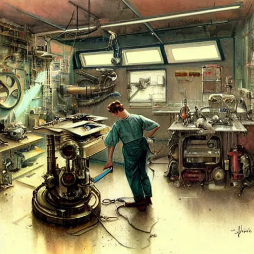 Image similar to ( ( ( ( ( 1 9 5 0 s retro boy inventors science fiction cluttered robot mechanics shop interior scene. muted colors. ) ) ) ) ) by jean - baptiste monge!!!!!!!!!!!!!!!!!!!!!!!!!!!!!!