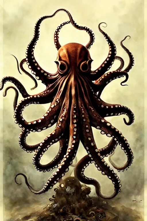 Image similar to octopus warrior | esoteric symbolism | jean - baptiste monge, esao andrews, bastien lecouffe - deharme, tim jacobus, ken currie | ultra - detailed realism, soft cinematic lighting, hi - fructose, artstation, high - quality, ink watercolors wes anderson poster art