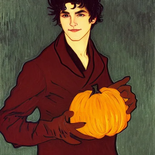 Prompt: painting of young cute handsome beautiful dark medium wavy hair man in his 2 0 s named shadow taehyung at the halloween pumpkin party holding pumpkin while wearing gloves, melancholy, autumn colors, japan, elegant, clear, painting, stylized, delicate, soft facial features, delicate facial features, soft art, art by alphonse mucha, vincent van gogh, egon schiele