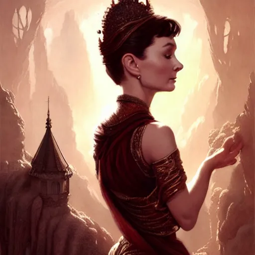 Image similar to audrey hepburn as a fary in an epic fantasy novel, various backgrounds, intricate, elegant, highly detailed, digital painting, artstation, matte, illustration, art by artgerm, greg rutkowski, tom bagshaw