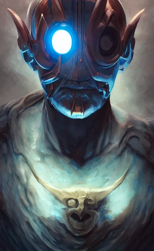 Image similar to dark horror cyclops xmen mf doom glowing bright eyes, blue skin, centered, digital painting, artstation, concept art, smooth, sharp focus, illustration, artgerm, tomasz alen kopera, peter mohrbacher, donato giancola, joseph christian leyendecker, wlop, frank frazetta