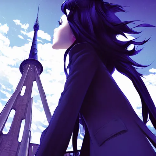 Image similar to low - angle shot from behind of a long blue - haired girl in a tailcoat looking up at the tower, combat boots, noir, screenshot, sharp focus, intricate, illustration, cell shaded, digital painting, highly detailed, straight hair, art by ilya kuvshinov, wlop, greg rutkowski, studio quality, james jean