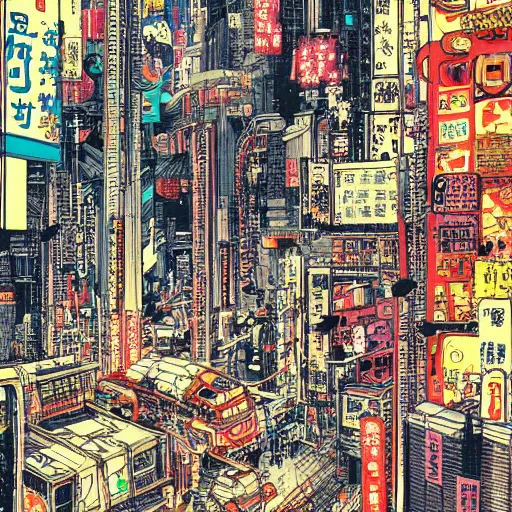 Prompt: Maximalism illustration of Cyberpunk Tokyo by Otomo Katsuhiro