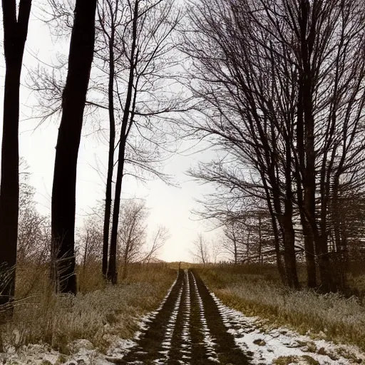 Image similar to A dark path through the field, winter, nighttime. A forest is visible in the distance. Amateur photograph