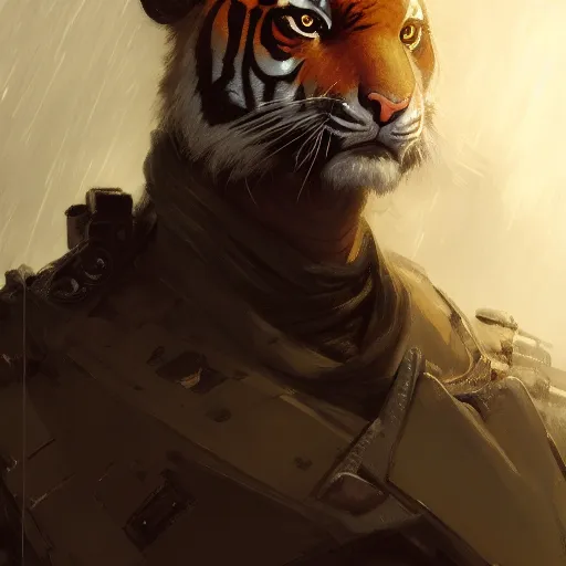 Prompt: portrait male anthro tiger dressed in military clothes character full body precis no blur, concept art, character sheet, nier automata, gaston bussiere, greg rutkowski, tsutomu nihei, cyberpunk, trending on artstation, featured on pixiv, hyper detail, cinematic composition, 8 k, detaiped face