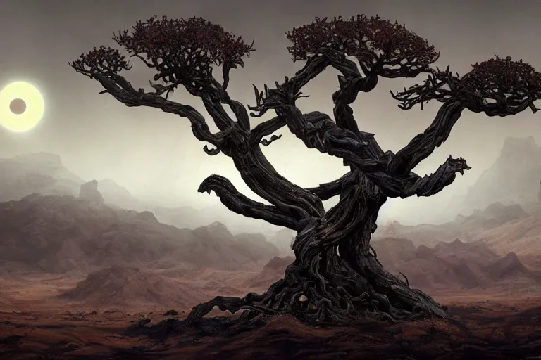 Prompt: cinematic fantasy landscape painting, primordial and cosmic, desert valley of bones, an eclipse, over an autumn maple bonsai growing alone that is yggdrasil, on a desolate sand dune in front of a primordial mountainous desert landscape of bones by and jessica rossier and hr giger, cinematic lighting