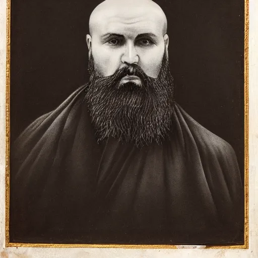 Prompt: charcoal portrait of an early 20th century russian orthodox priest, bald, beardless, no eyebrows