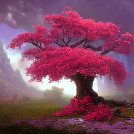 Prompt: a flowering tree, digital art, fantasy art, matte painting, by albert bierstadt, trending on artstation, hdr