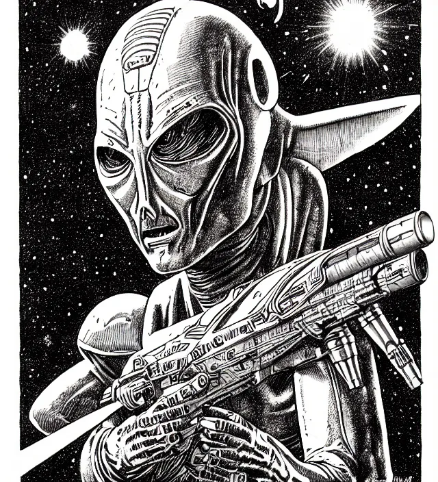 Image similar to a gray alien with a ray pistol, pen - and - ink illustration, etching, by russ nicholson, david a trampier, larry elmore, 1 9 8 1, hq scan, intricate details, high contrast, no background