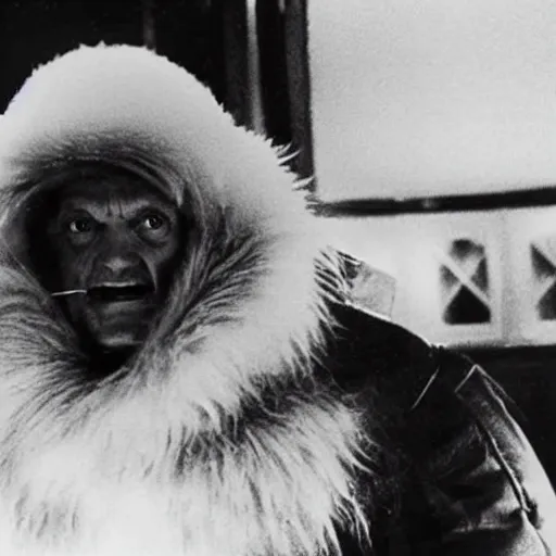 Image similar to Donald Tusk in a still from the movie The Thing (1982), cold