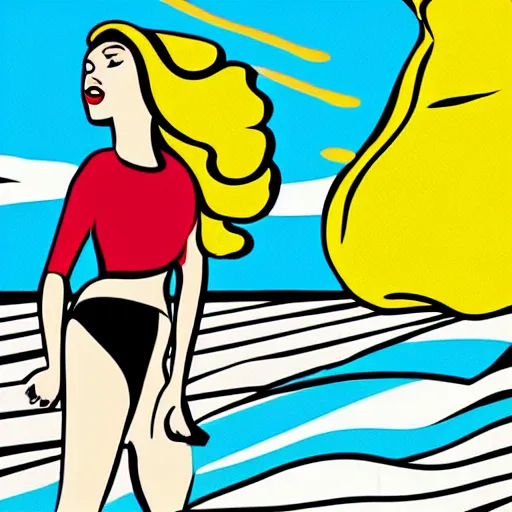 Prompt: young woman on beach in roy lichtenstein style pop art