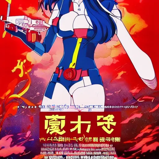 Image similar to incredibly powerful Anime Girl, created by Hideaki Anno + Katsuhiro Otomo +Rumiko Takahashi, Movie poster style, box office hit, a masterpiece of storytelling, main character center focus, monsters + mech creatures locked in combat, nuclear explosions paint sky, highly detailed 8k