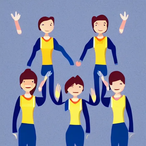 Prompt: team of 8 excited people in team uniform, vector illustration, minimal face features, vector illustration, white background