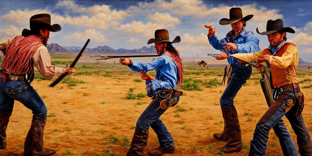 Image similar to photorealist painting of two cowboys dueling, wild west, western duel, cowboy shootout, vivid colors, warm colors, high production value, intricate details, high resolution, hyperrealistic, hdr, high definition, masterpiece, ultra realistic, highly detailed, hd, sharp focus, non blurry, sharp, smooth