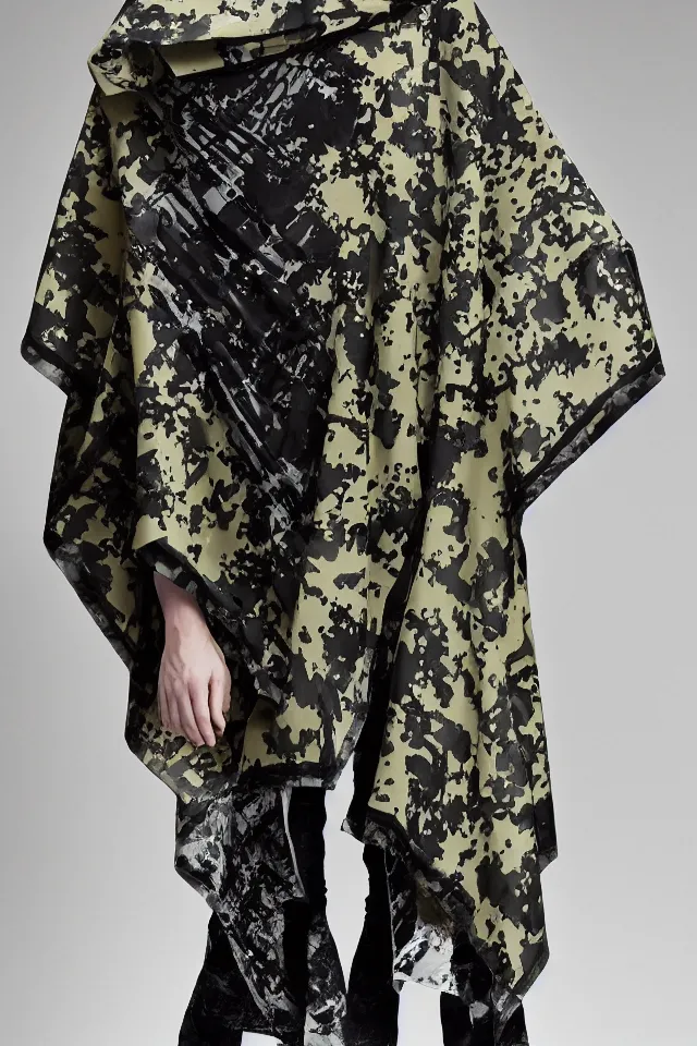 Image similar to fashion design, tactical camouflage poncho by alexander mcqueen and acronym, rim light, high key, ultra detailed