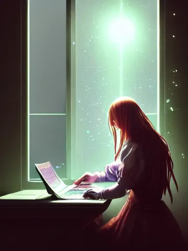 Prompt: an early morning in the it office by da vinci : : enchanting, ethereal, magical, glowing, sparkle, prismatic, portrait, character design, illustration, hyperrealism, photorealism, digital art, concept art, dark fantasy, whimsy, weta, wlop, artstation