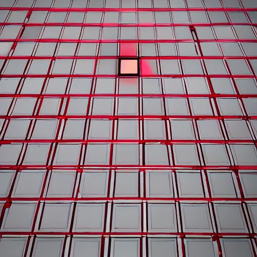 Prompt: red light from above is reflected on the white floor below