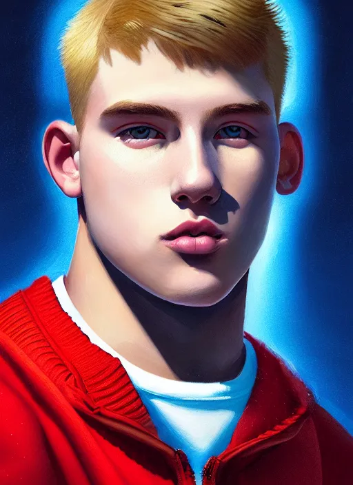 Image similar to portrait of high school senior boy named big moose, blonde short hair, jock, beefy, wide face, square jaw, square facial structure, blue varsity jacket with letter r, intricate, elegant, glowing lights, highly detailed, digital painting, artstation, concept art, sharp focus, illustration, art by wlop, mars ravelo and greg rutkowski