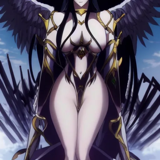 Prompt: anime albedo from overlord, overlord anime tv series, with long black hair and angel wings