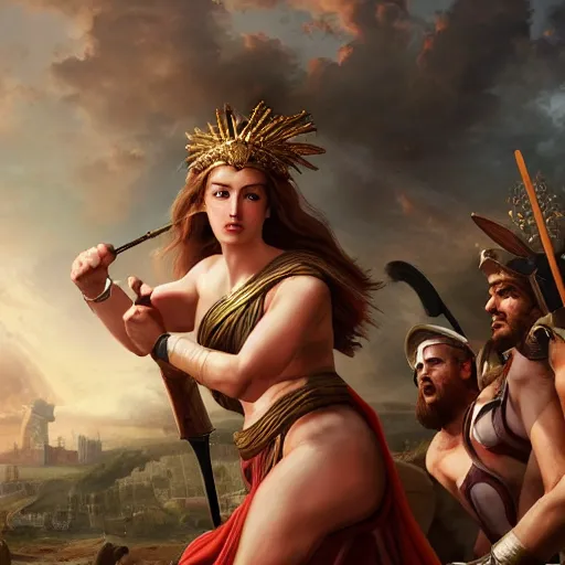 Prompt: Greek goddess Athena fighting with stupidity, stupidity is represented by horde of internet influencers, realistic person, spear in the right hand, long hair, detailed body and face, natural look, realistic photography, hyper realistic, Raphael Santi style, highly detailed, 4k, battle landscape, high quality image, couraging and atmospheric composition