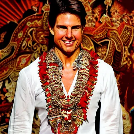 Image similar to tom cruise wearing traditional Bali dress, perfect faces, award winning photography